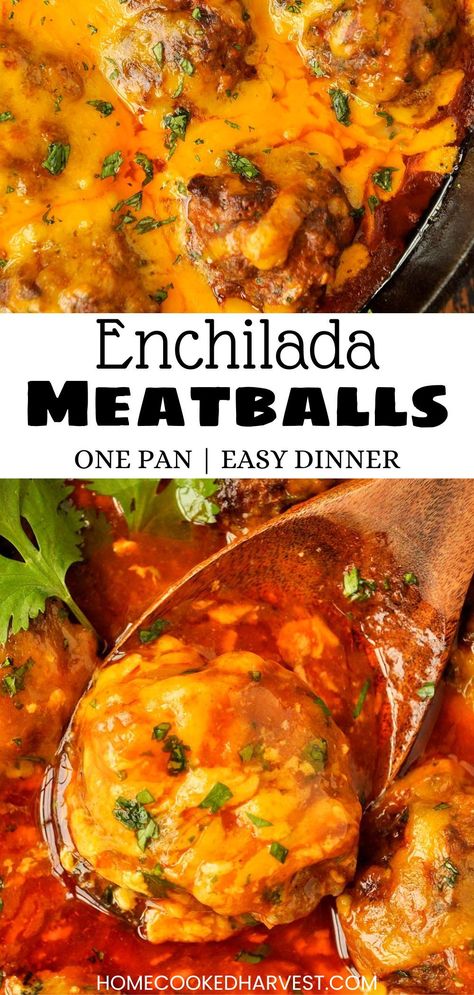 Enchilada Meatballs Enchilada Meatballs, Pan Dishes, Beef Enchilada, Mexican Side Dishes, Free Lunch, Savory Meals, Red Enchilada Sauce, Dinner Meal, Gooey Cheese