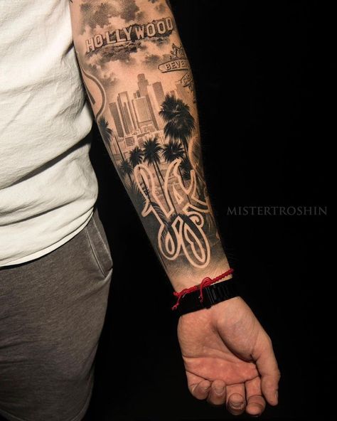 La Inspired Tattoos, Hollywood Tattoo Design, City Tattoo Ideas For Men, Florida Tattoos For Men, La City Tattoo, Street Tattoos For Men, Florida Tattoo Ideas For Men, La Tattoo Ideas, Miami Tattoo Ideas