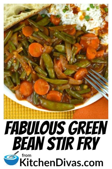 Our Fabulous Green Bean Stir Fry is full of green beans, carrots, sugar snap peas and onions combined in a light, flavorful sauce! Perfect for any occasion! #vegetables #vegetablerecipes #kitchendivas #easyrecipes #greenbeans Snap Peas And Carrots Recipe, Peas And Onions, Green Bean Stir Fry, Green Beans Carrots, Bean Stir Fry, Veggie Dinners, Chinese Vegetables, Skillet Dinners, Vegetarian Appetizers