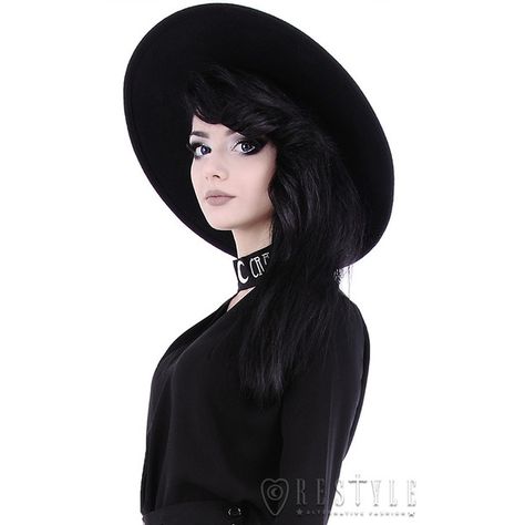 Black Gothic Hat "WITCH" Wide brim hat, stiff, nugoth headdress ($37) ❤ liked on Polyvore featuring accessories, hats, wide brim hat and gothic hats Wide Brim Black Hat, Goth Wide Brim Hat, Witch Refrences, Black Hat Aesthetic, Flat Brimmed Hat Women, Goth Hats, Large Black Hat, Gothic Hats, Goth Hat