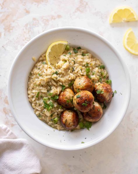 Summer Chicken Meatballs with Zucchini Risotto Meatballs With Zucchini, Zucchini Risotto, Summer Chicken, Summer Meal, Risotto Recipes, Chicken Meatballs, Poultry Recipes, How Sweet Eats, Breakfast Lunch Dinner