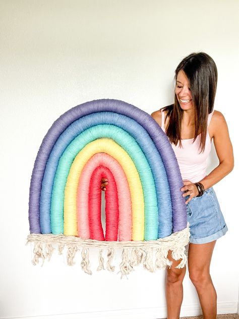 Pool Noodle Rainbow | Emelia Simoneau Rainbow With Pool Noodles, Diy Rainbow Wall Hanging Pool Noodle, Diy Boho Rainbow Pool Noodles, Pool Noodle Rainbow Diy, Rainbow Pool Noodles Diy, Pool Noodle Diy, Pool Noodle Decorations, Rainbow Theme Bedroom, Pool Noodle Rainbow