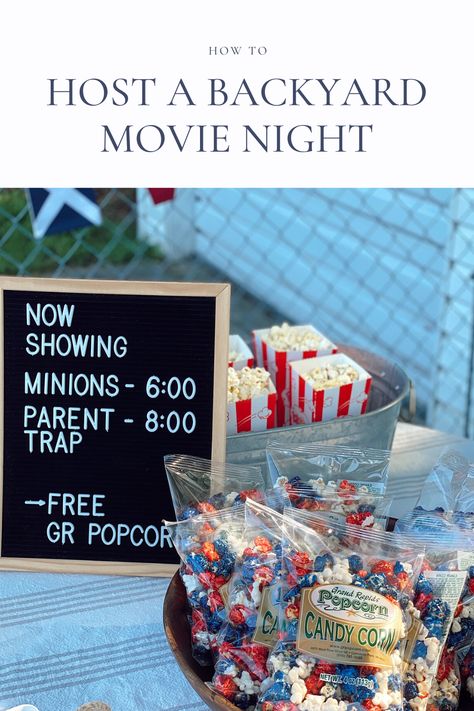 Hosting a backyard movie night? I've got some great tips for a concession stand and more on the blog! Click through for all the details on how to host a backyard movie night! Backyard Movie Nights, Backyard Movie, Concession Stand, 4th Of July Celebration, Movie Night, 4th Of July, At Home, Minions