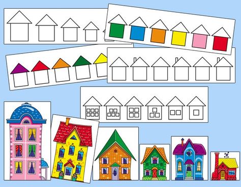 This sorting and matching game is for preschool-level students. It features a variety of colorful houses and different sheets that have varying guides about how to sort the houses--sometimes by size, house color, windows, roof... My Home Activities, Buildings Activities For Preschool, All Around Town Preschool Theme, The House That Jack Built Preschool Activities, Parts Of A House Preschool, My House Worksheet For Preschool, House Activities For Preschool, Different Types Of Homes Preschool, Different Houses Preschool