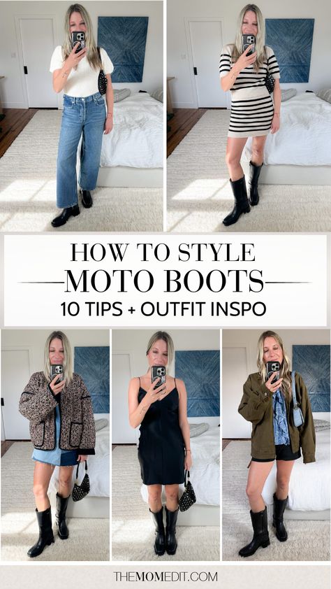 I'm particularly excited about the moto boot trend this Fall, so I've been putting my selected pair to the FULL test. I've tried them on at home with tons of looks and I'm wearing them around the city daily. Click through to the blog to find out what I've learned! | #TheMomEdit #FashionBlog #StylingTips #MotoBoots #FallOutfits #FallOutfitIdeas #FallStyle #Ootd #Reformation Skirt And Biker Boots Outfit, How To Wear Moto Boots, Outfits With Biker Boots, How To Style Moto Boots, Motto Boots Outfits, Moto Boots Outfit Fall, Moto Boots Outfit, Biker Boots Outfit, Boots Outfit For Women