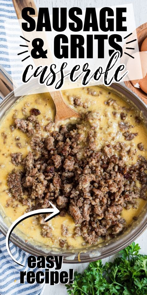 This grits casserole is a hearty breakfast filled with creamy cheese grits and maple sausage. It’s the perfect breakfast for a holiday or when company is over. It's our family favorite! #christmasbreakfast #easybreakfast #brunch #sausage #grits #cheesegrits #sausageandgrits Sausage And Grits Casserole, Grits And Sausage, Grits Breakfast Casserole, Brunch Sausage, Sausage And Grits, Sausage Grits, Creamy Cheese Grits, Grits And Eggs, Amazing Easy Recipes