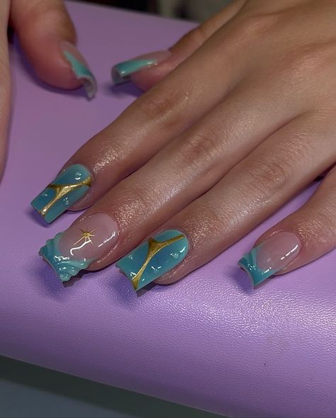 obsessed with this set 🩵 #gelx #shortnails #frenchnails #chromenails #nailart #airbrush #auranails #bluenails #trendingnaills #squarenails #windsornails Gold And Teal Nails, Short Round Nail Designs, Blue And Gold Nails, Ig Nails, Round Nail Designs, Shorties Nails, Teal Nails, Airbrush Nails, Short Square Acrylic Nails