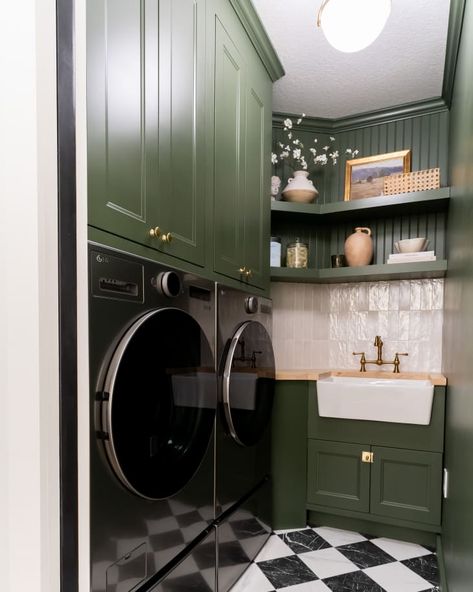 Laundry Room Built Ins, Laundry Room Ceiling, Dark Laundry, Green Laundry Room, Laundry Renovation, Laundry Room Tile, Laundry Room Colors, Green Laundry, Basement Laundry Room