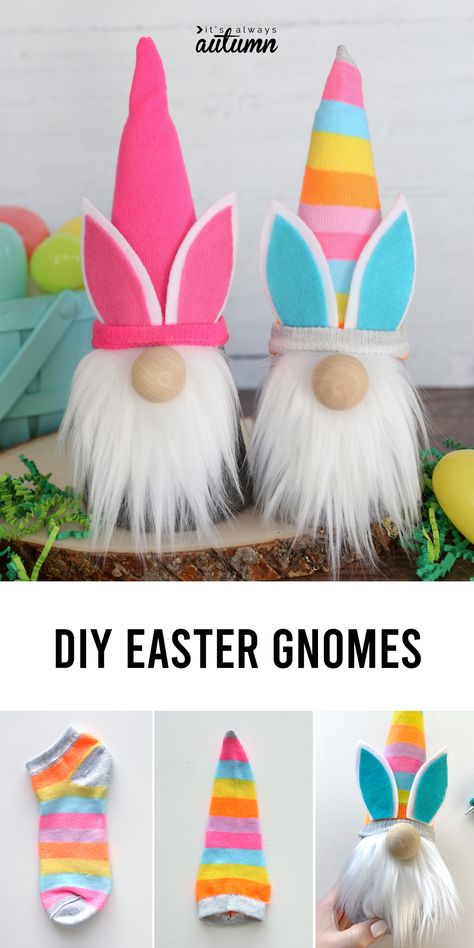 Learn how to make your own Easter gnomes from socks and a foam cone. Easy Easter craft. Diy Easter Gnomes, Easter Gnomes Diy, Craft Easter, Easter Gnomes, Gnome Tutorial, Easy Easter Crafts, Diy Socks, Spring Easter Crafts, Easter Bunny Crafts