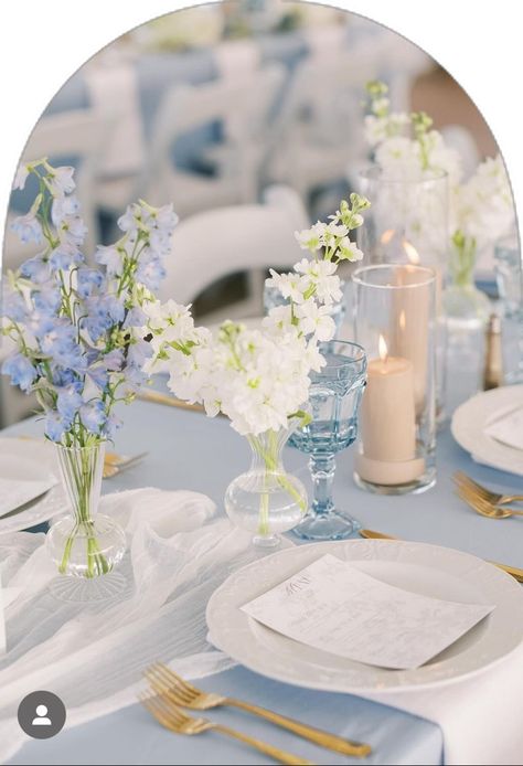 Candle And Flower Wedding Decor, Light Blue Floral Arrangements, Blue Table Cloths Wedding, Rectangular Table Centerpiece Wedding, Blue And Green Wedding Table, Wedding Flowers Blue And White, Flower Clouds Wedding, Blue Floral Wedding Cake, Light Blue Wedding Decorations