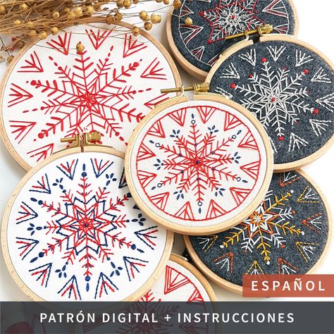 Embroidery Snowflake Patterns Simple, Nordic Embroidery Patterns, Scandi Embroidery, Diy Xmas Ornaments, Embroidered Snowflakes, Color Guide, Stitch Christmas, Felt Decorations, Boho Christmas