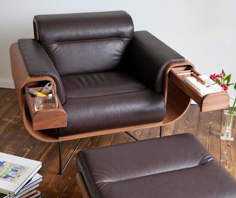 El Purista Leather Smoking Arm Chair With Slide Out Storage Pockets Charles Eames, Eames Lounge Chair, Recliner Chair, Luxury Furniture, Cool Furniture, Furniture Chair, Chair Design, Man Cave, Wood Projects