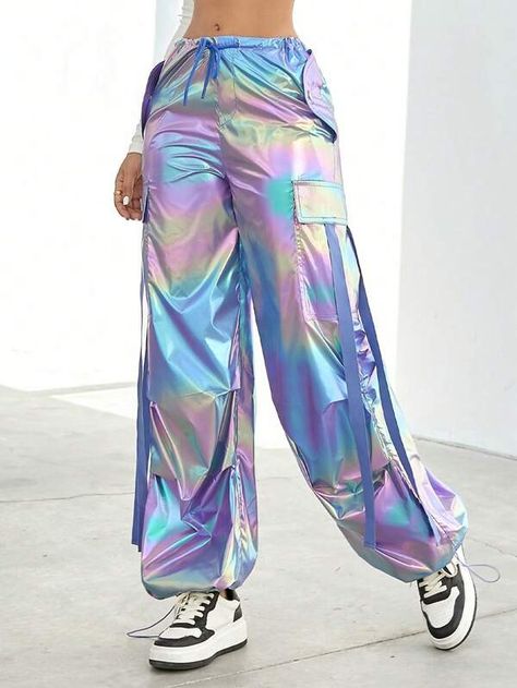 Rave Holographic Drawstring Waist Flap Pockets Ribbon Details Wide Leg Parachute Cargo Pants | SHEIN Malaysia Booties Outfit, Cargo Pants Women, Drawstring Waist, Flap Pocket, Cargo Pants, Wide Leg Pants, Wide Leg, Pants For Women, Pants