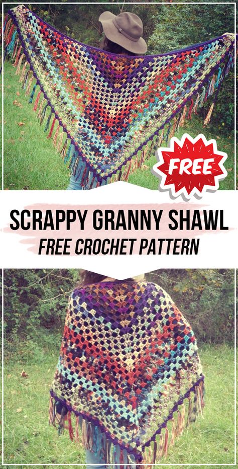 Granny Shawl Pattern, Square Patterns Crochet, Hippie Crochet Patterns, Granny Shawl, Shawl Pattern Crochet, Shawl Free Pattern, Scrap Yarn Crochet, Crochet Wrap Pattern, Hippie Crochet