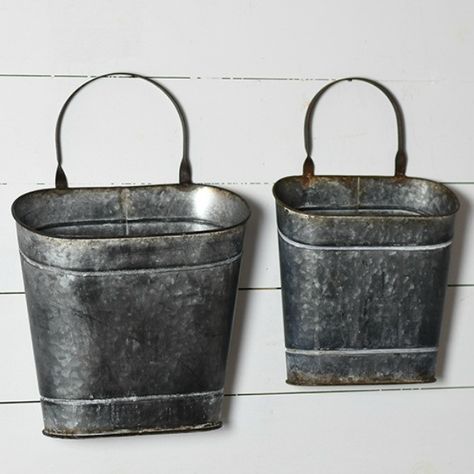 Hanging Tin Wash Wall Pocket, Set of 2 Wall Planter Ideas, Art Above Tv, Galvanized Wall Planter, Galvanized Wall, Wall Art Bedroom Paint, Galvanized Metal Wall, Metal Wall Planters, Little Farmhouse, Greenery Arrangements