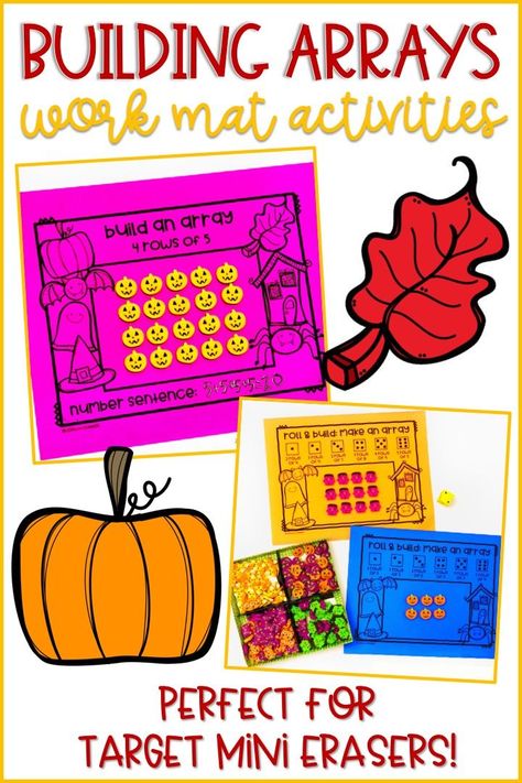 Classroom Halloween Games 3rd Grade, Fall Multiplication Craft, Arrays 3rd Grade, Fall Multiplication Activities, Halloween Multiplication Activities, Array Activities, Mini Eraser Activities, Arrays Activities, Elementary Math Lessons