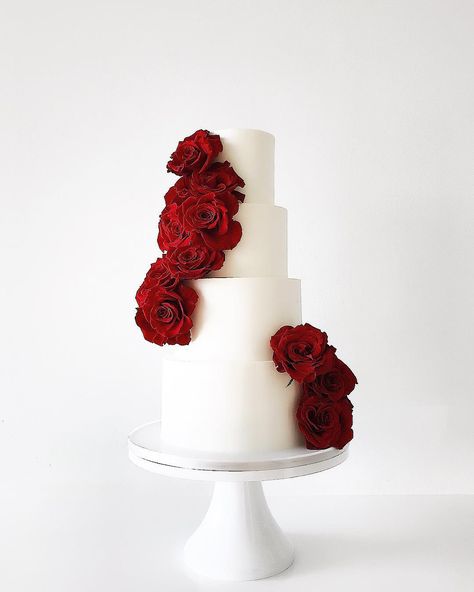 Earth and Sugar on Instagram: “Turning a perfect buttercream cake into something more with beautiful classes red roses. @thebetsyhotel” Red Rose Wedding Cake, Blue Wedding Dress Royal, Wedding Cake Roses, Red Rose Wedding, Red Cake, Chocolate Wedding Cake, Red Wedding Dresses, White Wedding Cakes, White Wedding Cake