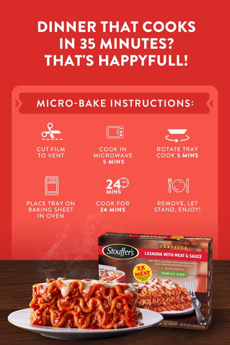 Did you know you can micro-bake your Stouffer's Lasagna?! Instead of 80 minutes in the oven, you can cook your Family Size Stouffer's Lasagna with Meat & Sauce in the microwave for 10 minutes, then in the oven for 24! Enjoy the classic and delicious taste of Stouffer's Lasagna in a matter of minutes! Stouffers Lasagna, Frozen Lasagna, Classic Mac And Cheese, Meat Lasagna, Microwave Cooking, No Noodle Lasagna, Meat Sauce, Weeknight Dinner, Christmas Dinner