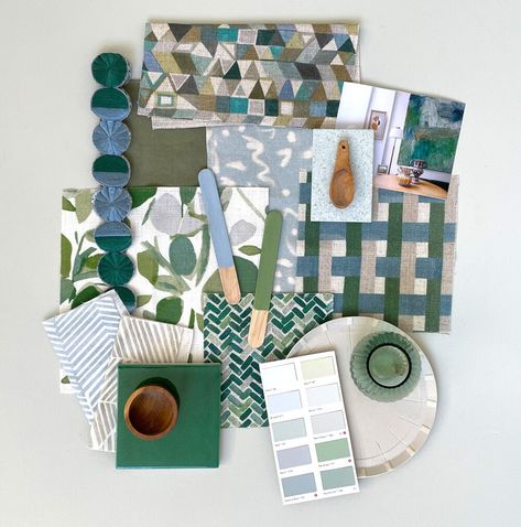 Design Guide | Late Summer Greens — Imogen Heath Interiors Interior Design Fabric, Fabric Board, Green With Blue, Material Board, Interior Design Boards, Cross Roads, Material Palette, Flat Lays, Design Guide