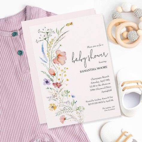 Baby Shower Baby In Bloom Party Baby Shower Wildflower, 2nd Pregnancy Announcements, Baby Girl Shower Invitations, Rustic Baby Shower Invitations, Wildflower Baby Shower, Baby In Bloom, Girl Baptism, Bloom Baby, Baby Shower Outfit