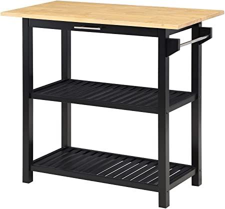 Convenience Concepts Designs2Go 3-Tier Kitchen Prep Island with Drawer, Butcher Block/Black Kitchen Prep Island, Island Drawers, Butcher Block Countertop, Grey Kitchen Island, Wine Bottle Storage, Slatted Shelves, Butcher Block Kitchen, Butcher Block Top, Small Apartment Kitchen