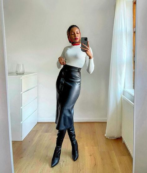 Aisha Ibrahim 🇬🇧🇳🇬 on Instagram: “#ad What i would be wearing out and about this party season, so i’ll wear it at home instead 🙃. In love with how this faux leather skirt is…” Karolina Cruz, Outfit With Leather Skirt, Faux Leather Skirt Outfit, Leather Skirt Outfit Ideas, Styling Scarves, Work Vibes, Styling Skirts, Nice Clothing, Hijab Inspiration