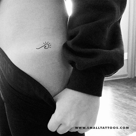 Fine Line Wave And Sun Tattoo, Wave Tattoo Placement Ideas, Sun And Ocean Tattoo, Wave And Sun Tattoo, Tattoo Waves, Wave Tattoos, International Tattoo, Wave Tattoo Design, Dolphins Tattoo