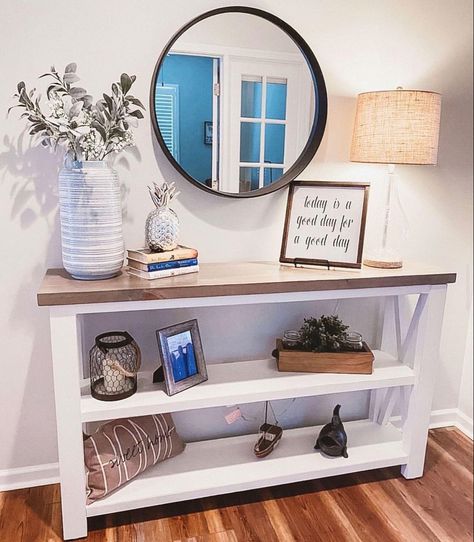 Farmhouse Style Entry Table, Boho Entryway Table, Front Entry Tables, White Entryway Table, Diy Entry Table, Style Entryway, Texas Chic, Farmhouse Entryway Table, Farmhouse Shelves Decor