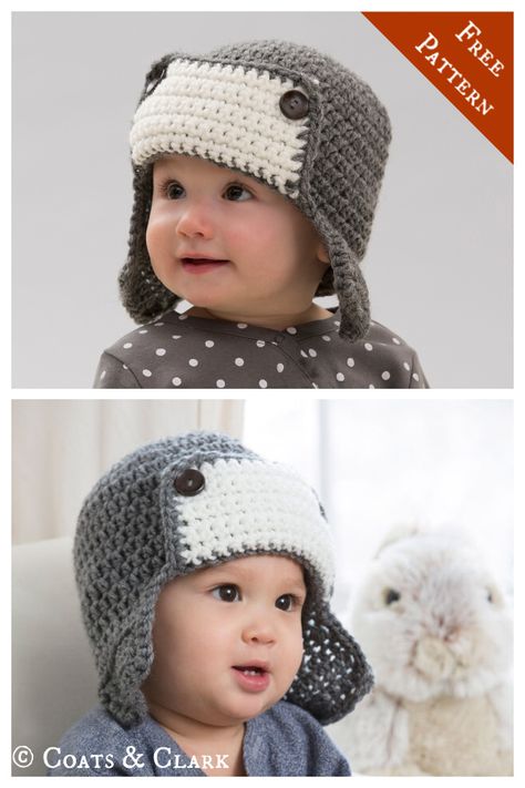 Little Lindy's Aviator Free Crochet Pattern Pola Kupluk, Jaket Crochet, Crochet Baby Boy Hat, Crochet Baby Cap, Pola Topi, Crochet Hats For Boys, Crochet Baby Hat Patterns, Crochet Baby Beanie, Crochet Kids Hats