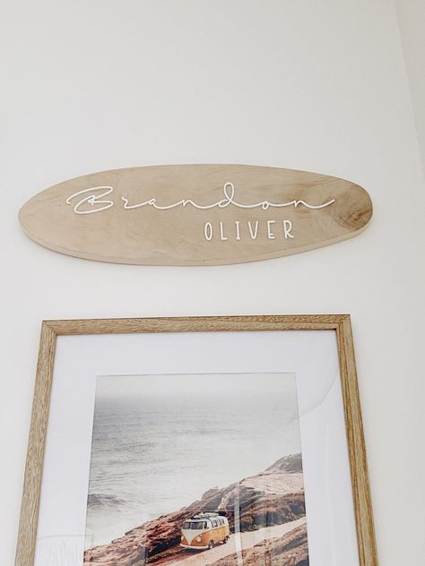 "Kids Surfer Theme, Kids Beach Room Decor, Shaka Hand Sign, Kids Surf Room, Nautical Room Decor, Ocean Wall Decor Hanging + D E S C R I P T I O N: Personalized mini  surfboard is the perfect touch to any nautical themed room.  + S I Z E: 19W x 7H + M A T E R I A L S:  1/2\" wood base, edge banding, acrylic design & saw tooth hanger + R U S H P R O C E S S I N G If you need your stroller tag shipped within 1-3 days please add the listing \"RUSH ORDER\" here - https://www.etsy.com/listing/98214160 Nursery Surf Theme, Gender Neutral Beach Nursery, Beach Boy Nursery, Beach Theme Nursery Boy, Boy Beach Nursery, Surf Nursery Theme, Girls Surf Room, Nursery Beach Theme, Kids Surf Room