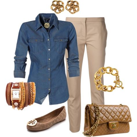 Khaki and blue jean casual outfit by tsteele Jean Shirt Business Casual, Blue Khaki Pants Outfit Women, Blue And Khaki Outfits For Women, Denim And Khaki Outfits, Khaki Shirt Outfit Women, Jean Shirt Outfits For Women, Jean Casual Outfit, Khaki Pants Outfit Women Casual, Khaki Pants Outfit Women Work