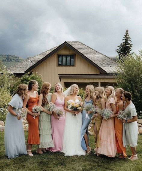 Spring Garden Wedding Bridal Party, Multicolored Bridesmaids Dresses Boho, Mismatched Bridesmaid Dresses Wildflower, Bridesmaids All Different Colors, Neutral Colorful Wedding, Different Bridesmaid Dresses Mix Match Color Palettes, Pastel Rainbow Bridesmaids, Bridesmaid Dresses Wildflower Wedding, Spring Boho Bridesmaid Dresses