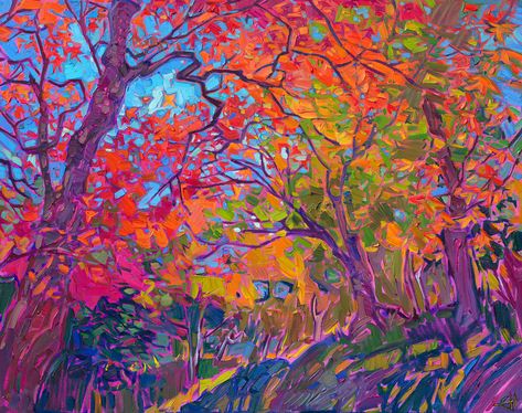 Beautifully arching branches of Japanese maple trees create an arbor of impressionistic color in this abstract landscape. The brush strokes are loose and expressive, capturing the lights and texture of the scene. This painting was inspired by an autumn trip to Kyoto, Japan. American Impressionism, Erin Hanson, Scene Painting, Contemporary Impressionism, Dream Painting, Carmel By The Sea, Painting Medium, Impressionism Painting, Halloween Painting