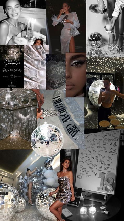 #birthdayinspo #silvergirl 25th Birthday Silver Theme, Glitz And Glam Birthday Party Ideas, 25 Birthday Ideas Decoration, Silver Party Aesthetic, Silver Birthday Photoshoot, Disco And Diamonds Party, Quarter Of A Century Birthday, Silver Themed Birthday Party, Silver Moodboard