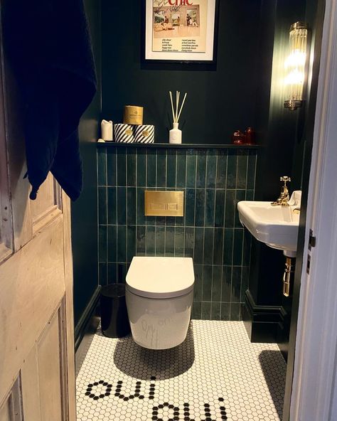 Tiled Toilet Wall, Cloakroom Toilet Ideas Tiles, Tiny Guest Toilet Ideas, Small Wc Ideas Downstairs Loo Wallpaper, Tiled Wc Toilets, Downstairs Toilet Ideas Green Tiles, Victorian Downstairs Toilet Ideas, Small Wc Ideas Tiny Spaces, Tiling Behind Toilet