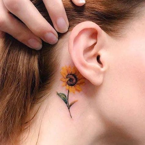 Back Ear Tattoo, Sunflower Mandala Tattoo, Sunflower Tattoo Meaning, Behind Ear Tattoos, Ear Tattoos, Neck Tattoos Women, Small Sunflower, Tattoos Geometric, Sunflower Tattoos