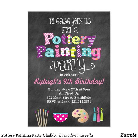 Pottery Painting Birthday Party, Pottery Painting Party, Art Birthday Party Invitations, Pottery Party, Kids Art Party, Fun Pottery, Party Chalkboard, Cardstock Cards, Kids Painting Party