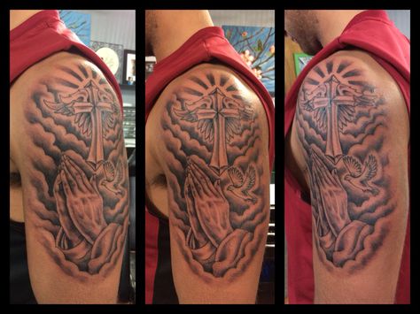 Praying hands cross tattoo Shoulder Cross Tattoo Men, Cross Tattoo Designs For Men, Cross Shoulder Tattoo Men, Praying Hands Tattoo For Men Forearm, Praying Hands Tattoo For Men, Praying Hands Half Sleeve Tattoo, Praying Hands Tattoo Sleeve, Prayer Hands With Rosary Tattoo, Shoulder Piece Tattoo