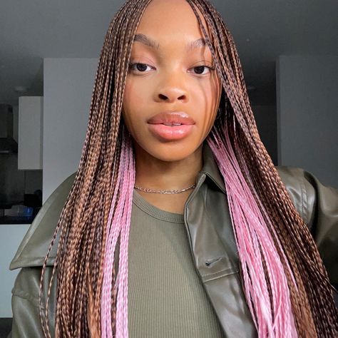 Brown Pink Braids, Brown And Pink Box Braids, Brown And Pink Braids, Pink Box Braids, Brown Box Braids, Pink Braids, Peekaboo Color, Twist Braid, Twist Braid Hairstyles