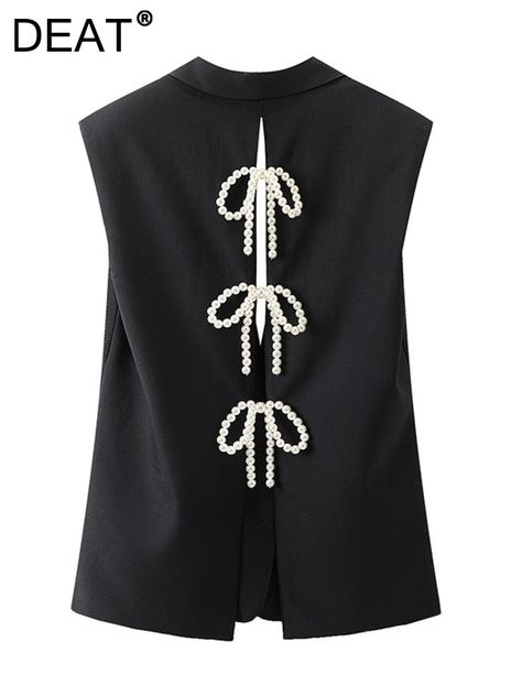 Vests Outfits, Pearl Vest, Sleeveless Waistcoat, Waistcoat Woman, Vest For Women, Fashion Design Collection, Pearl Bow, Autumn 2023, Bow Back