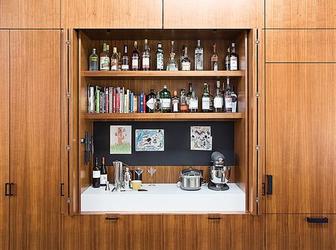 Dwell - 5 Hidden Home Bars Hidden Coffee Bar, Hidden Bar Cabinet, Modern Cabinet Doors, Home Wet Bar, Frameless Cabinets, Hidden Bar, Home Bars, Built In Bar, Home Coffee Bar