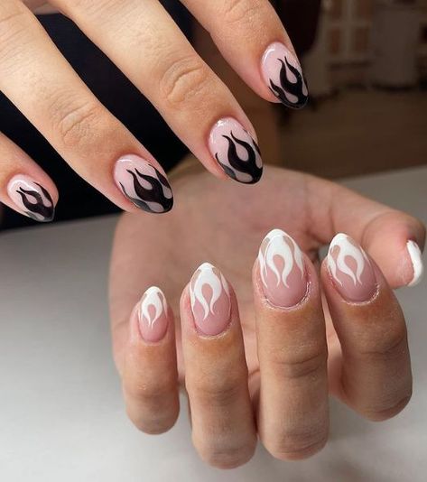 Almond Round Nails Designs, Short Nails Flame Design, Flame Nails Acrylic Short, Round Flame Nails, Short Almond Flame Nails, Short Nail Designs Flames, Short Sharp Nails Design, Lightening Nail Designs, Short Acrylic Nails Flames