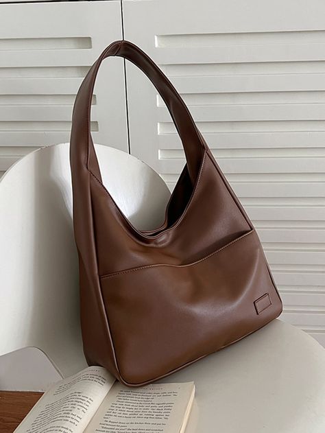 Brown Fashionable Collar  PU Leather Plain Hobo Bag Embellished   Women Bags Hobo Bag Patterns, Winter Bags, Shoulder Bags For School, Cow Boy, Casual Tote, Brown Bags, Styl Vintage, Womens Tote, Casual Bags