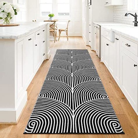 Black And White Kitchen Runner Rug, Black And White Kitchen Rug, Long Hallway Runners Ideas, Black And White Runner Rug, Carpet Runners For Hallways, Long Hallway Rug, Large Laundry Room, White Library, Laundry Room Rug