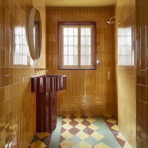 Brown Tile Bathroom, Art Deco Minimalism, Vintage Mediterranean, Retro Revival, Interior Tiles, Deco Bathroom, Welcome To My House, Brown Bathroom, Yellow Bathrooms