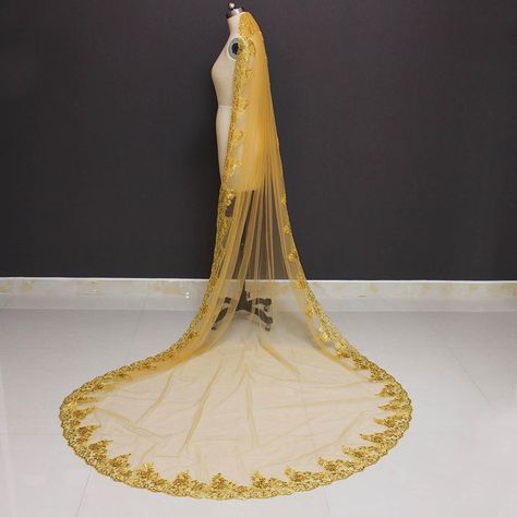 Single Layer Cathedral Gold Wedding Veil With Sequined Lace Edge – Little Luxuries Designs Black And Gold Wedding Veil, Gold Vail Wedding Veils, Golden Veil, Luxury Gold Floor-length Dupatta, Gold Wedding Tiara Veil, Gold Veil, Sparkle Veil, Wedding Veil Styles, Cathedral Bridal Veils