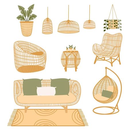 Bohemian rattan collection furniture in ... | Premium Vector #Freepik #vector #background #mockup #tree #design Interior Design Vector, Flower Border Clipart, Product Illustration, Bamboo Sofa, Wedding Caricature, Furniture Sketch, Border Clipart, Architecture Design Sketch, Outline Art