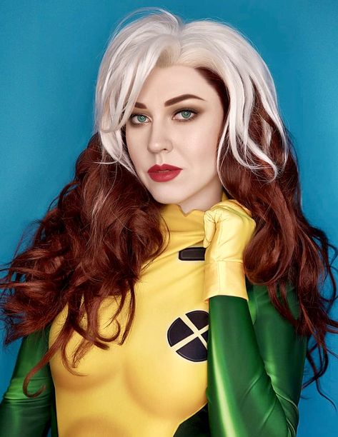 Woman With White Hair, Rogue Cosplay, Rogue Xmen, Xmen Cosplay, Marvel Rogue, Superhero Cosplay, Green Bodysuit, Male Makeup, Hair Wear