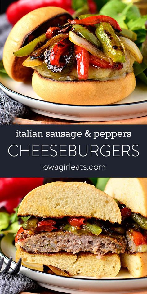 Italian Sausage and Peppers Cheeseburgers are craveable! This gluten free dinner recipe is quick, easy, and lick your plate worthy! iowagirleats.com keywords: ground beef recipes, ground beef recipes for dinner, dinner recipes, dinner ideas, gluten free dinner recipes Sausage And Ground Beef Recipes, Ground Italian Sausage Recipes, Italian Sausage And Peppers, Homemade Italian Sausage, Sausage Burgers, Italian Sausage Recipes, Ground Italian Sausage, Sausage And Peppers, Savory Dishes