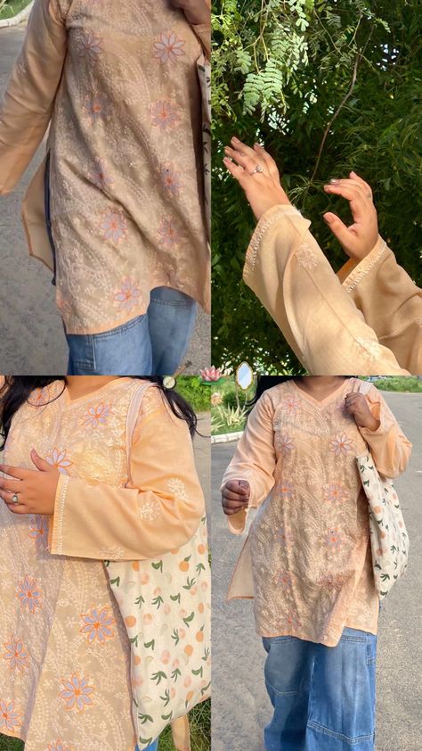 Bell Jeans Outfit, Short Kurti Look, Normal Kurti, Brown Kurti, Kurti Outfit, Chubby Aesthetic Outfit, Pink Jeans Outfit, Lace Designs On Suits, Peach Jeans